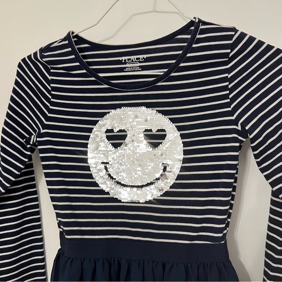 Girls Flip Sequin Dress Smiley Face Blue White Stripe The Childrens Place 7/8 M - Picture 3 of 11